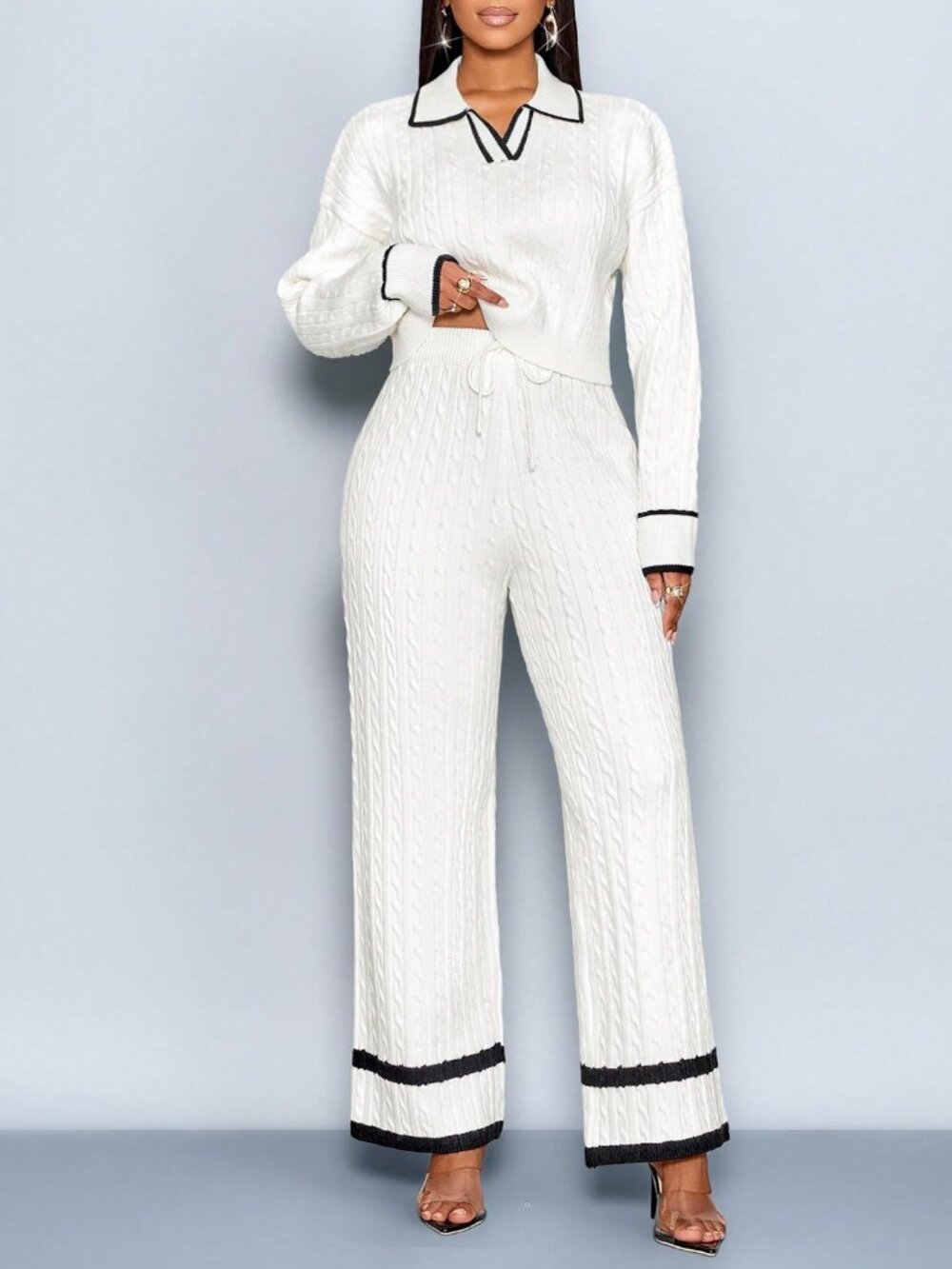 White Minimalist Women's V-Neck Colorblock Sweater & Knit Long Pants Set